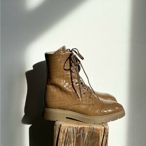 Stuart Weitzman Taupe Croc-Embossed Lace-Up Boots